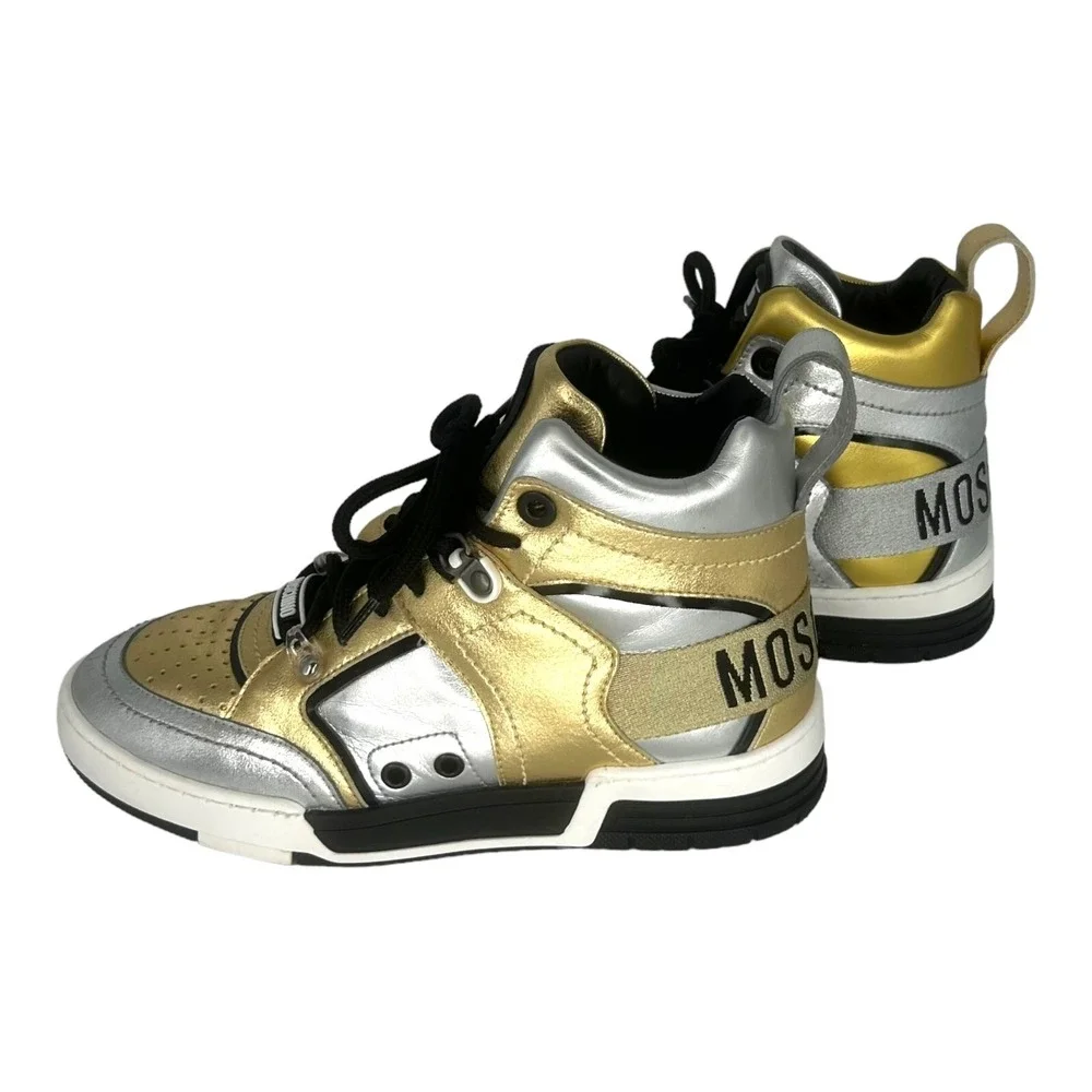 Moschino High Top Sneakers Gold Silver Metallic Leather Made in Italy Size 38